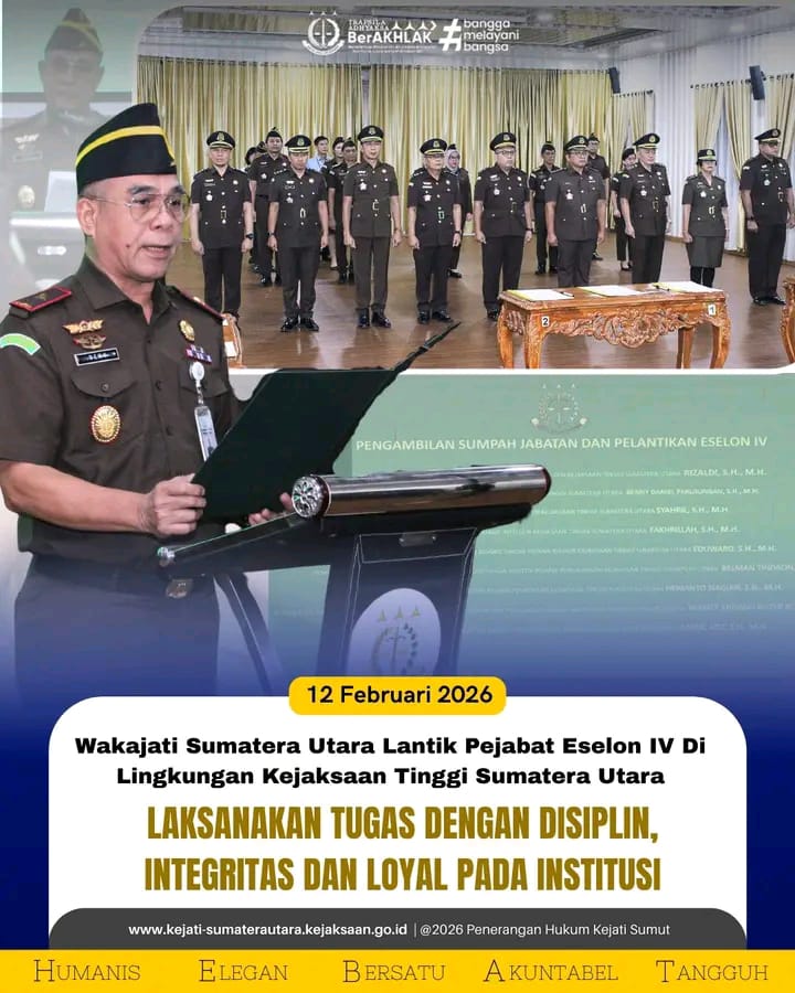 Kajati Sumatera Utara diwakili Wakajati Sumut Abdullah Noer Denny, SH., MH memimpin pelantikan 9 orang pejabat eselon IV