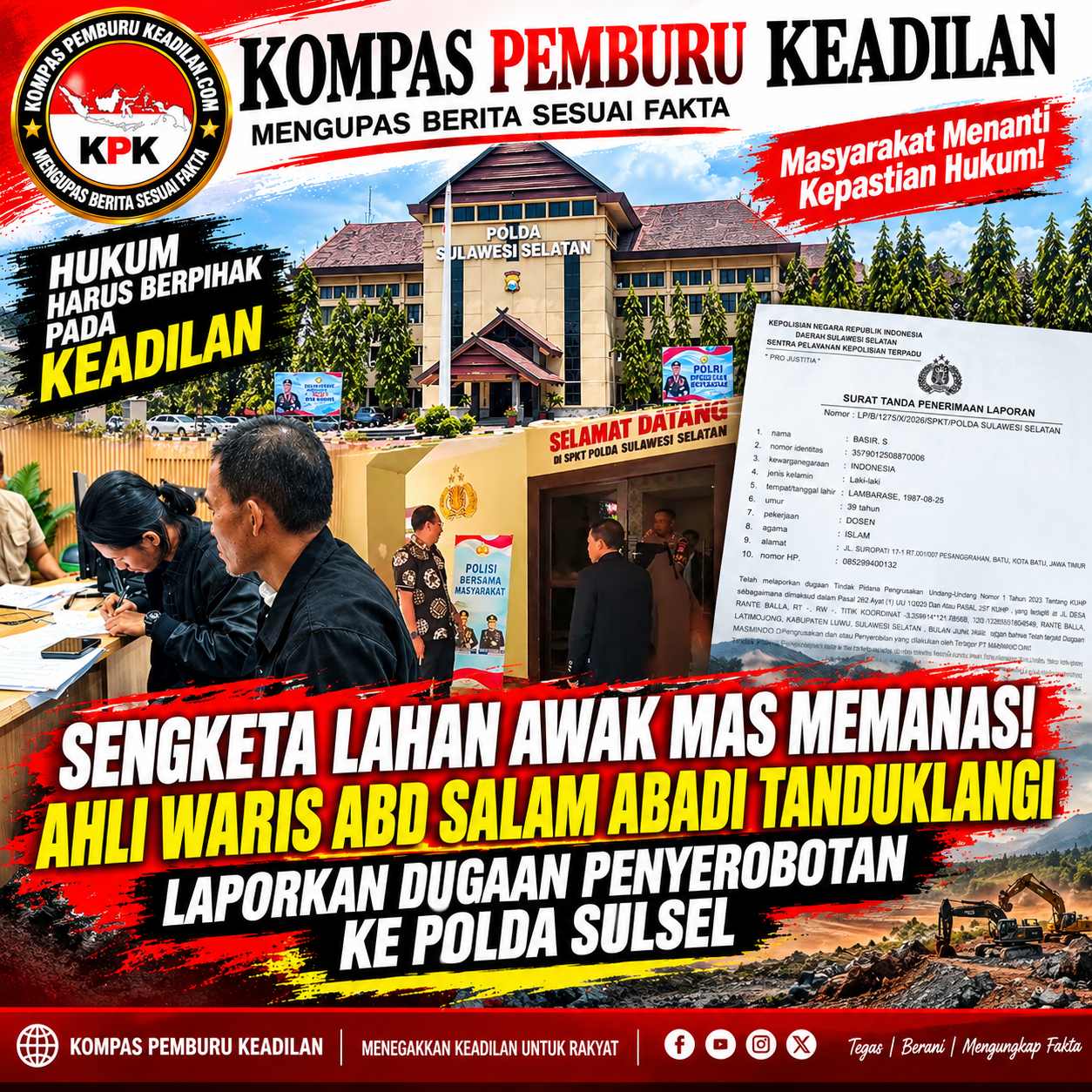 Sengketa Lahan Awak Mas Memanas! Ahli Waris Abd Salam Abadi Tanduklangi Laporkan Dugaan Penyerobotan ke Polda Sulsel